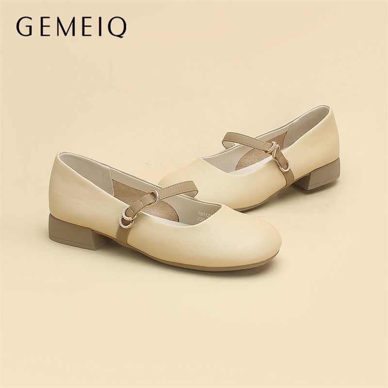 戈美其女鞋玛丽珍鞋春秋粗跟浅口套脚单鞋复古圆头软底一脚蹬皮鞋