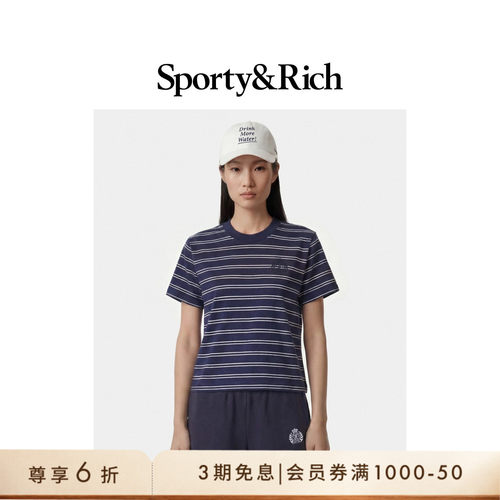 [奢享价]Sporty&Rich 女士美式徽章学院风时尚拼色条纹修身T恤