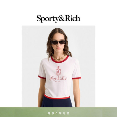 Sporty&Rich Tennis系列女士撞色休闲修身内搭短款T恤短袖上衣