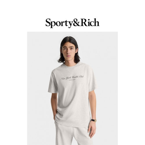Sporty&Rich Tennis系列男女同款亚麻灰宽松休闲圆领短袖T恤上衣