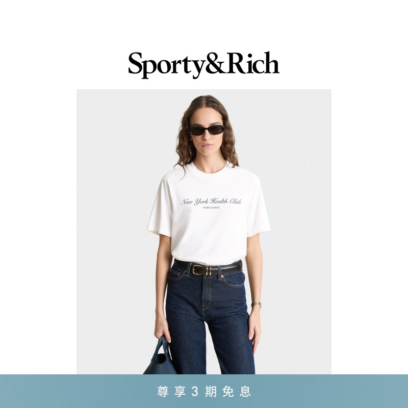 Sporty&Rich Tennis系列男女同款NY Health Club宽松字母短袖T恤