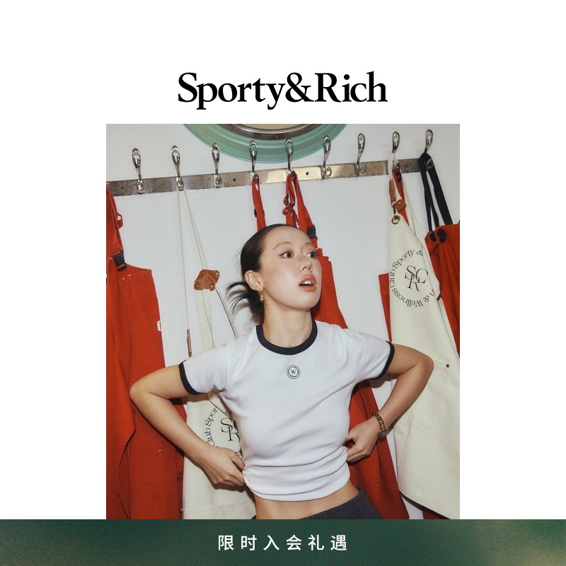Sporty&Rich Sports系列女士白色撞色修身短款美式复古短袖T恤