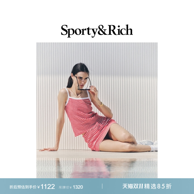 [明星同款]Sporty&Rich Tennis系列女士度假风烈火红条纹短裙半裙