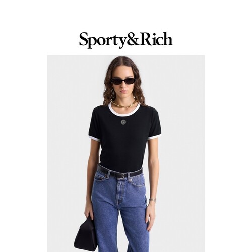 Sporty&Rich Sports系列女士黑色修身美式圆领内搭T恤短袖上衣