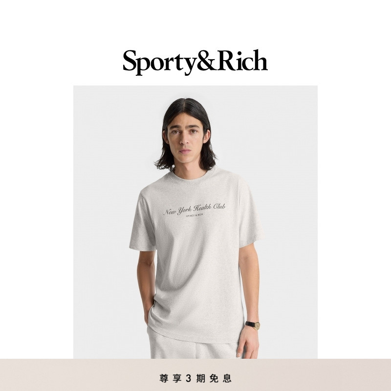 Sporty&Rich Tennis系列男女同款亚麻灰宽松休闲圆领短袖T恤上衣