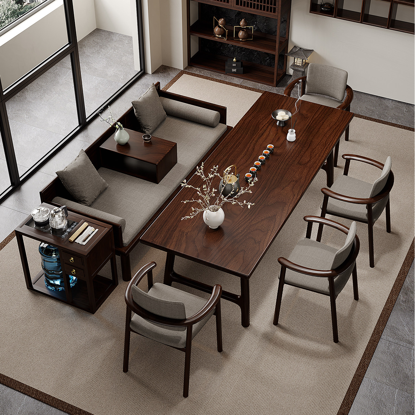 南美胡桃木大板茶桌椅组合实木办公室茶台宋氏美学罗汉床泡茶桌