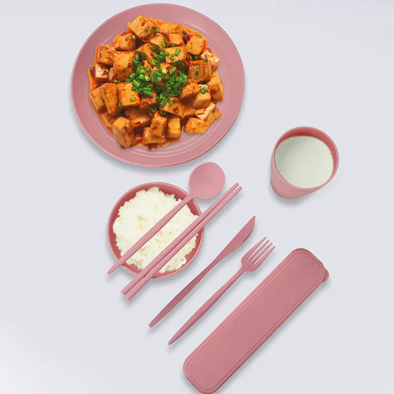 货源小麦秸秆碗盘杯子刀叉勺筷子餐具套装户外家用32件套