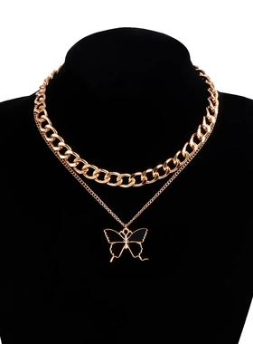 欧美饰品 双层时尚黑色仿贝母项链女 气质金属粗铝链项饰