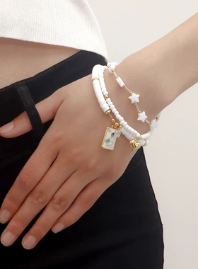 欧美饰品 波西米亚白色软陶米珠手链套装女 小众设计手串