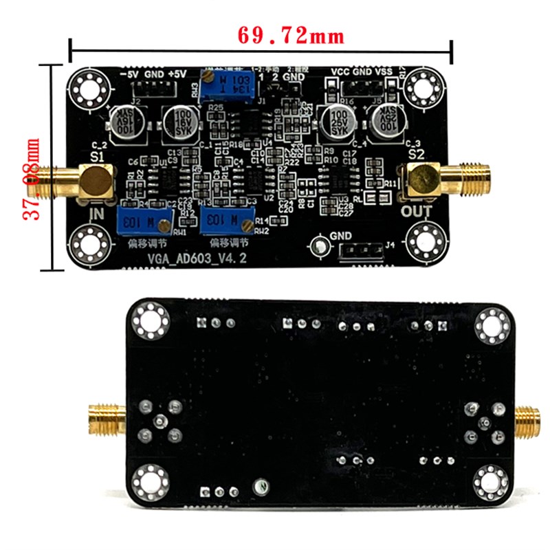 AD603 压控增益放大器模块VCA -2D0~60dB增益手动或外接DA程控调