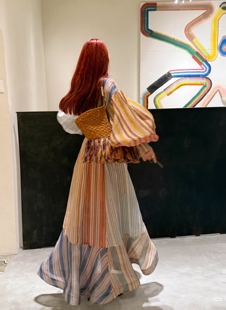 澳洲轻奢新款立翻领前排扣竖条纹知性斜收腰连衣裙#959#3