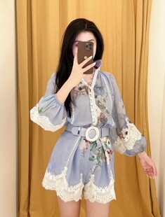 ID#Z675早春新款流行爆款立领蕾丝边衬衫褶边蕾丝短裤2件套