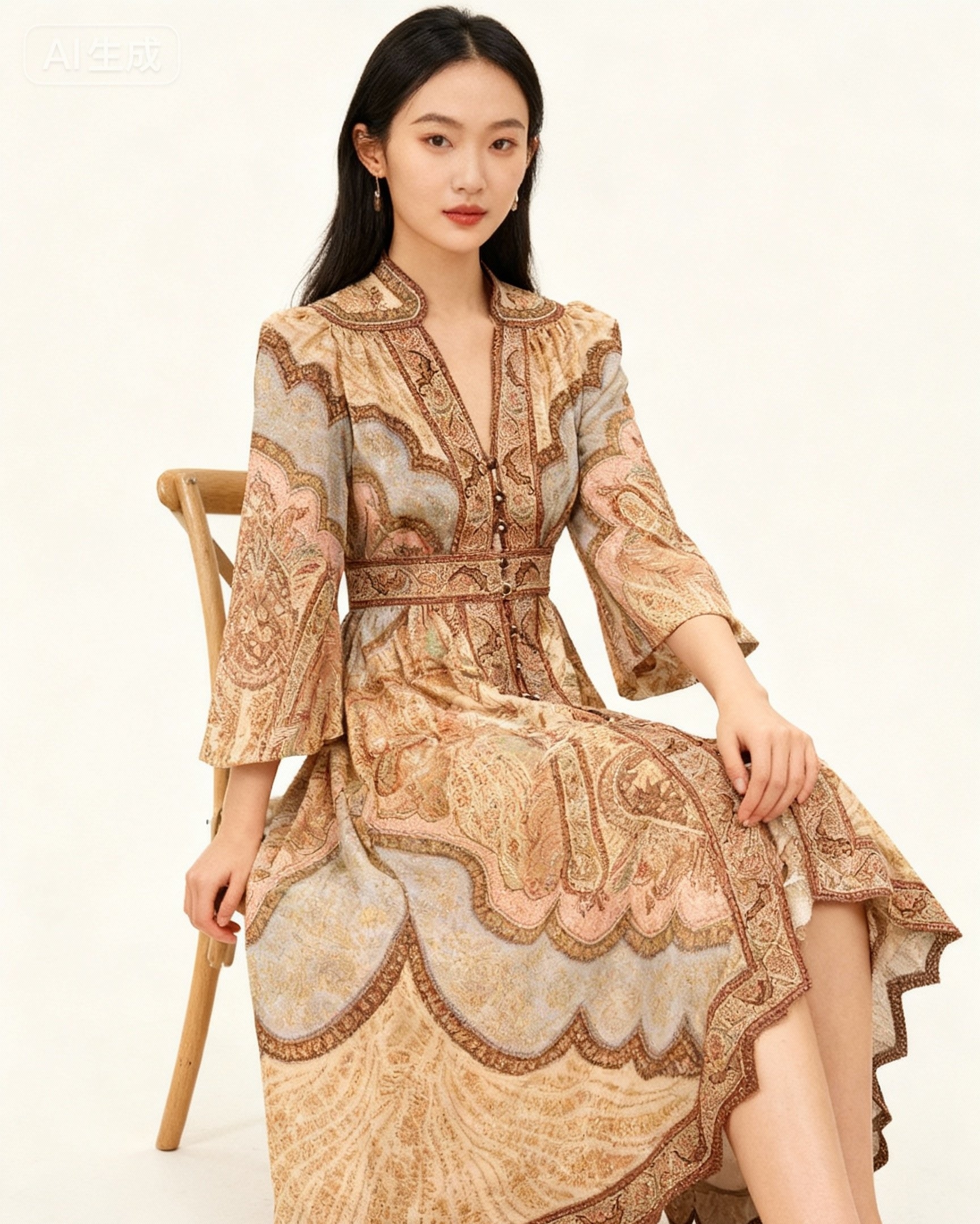 胸前长前排扣宽松A字长款连衣裙