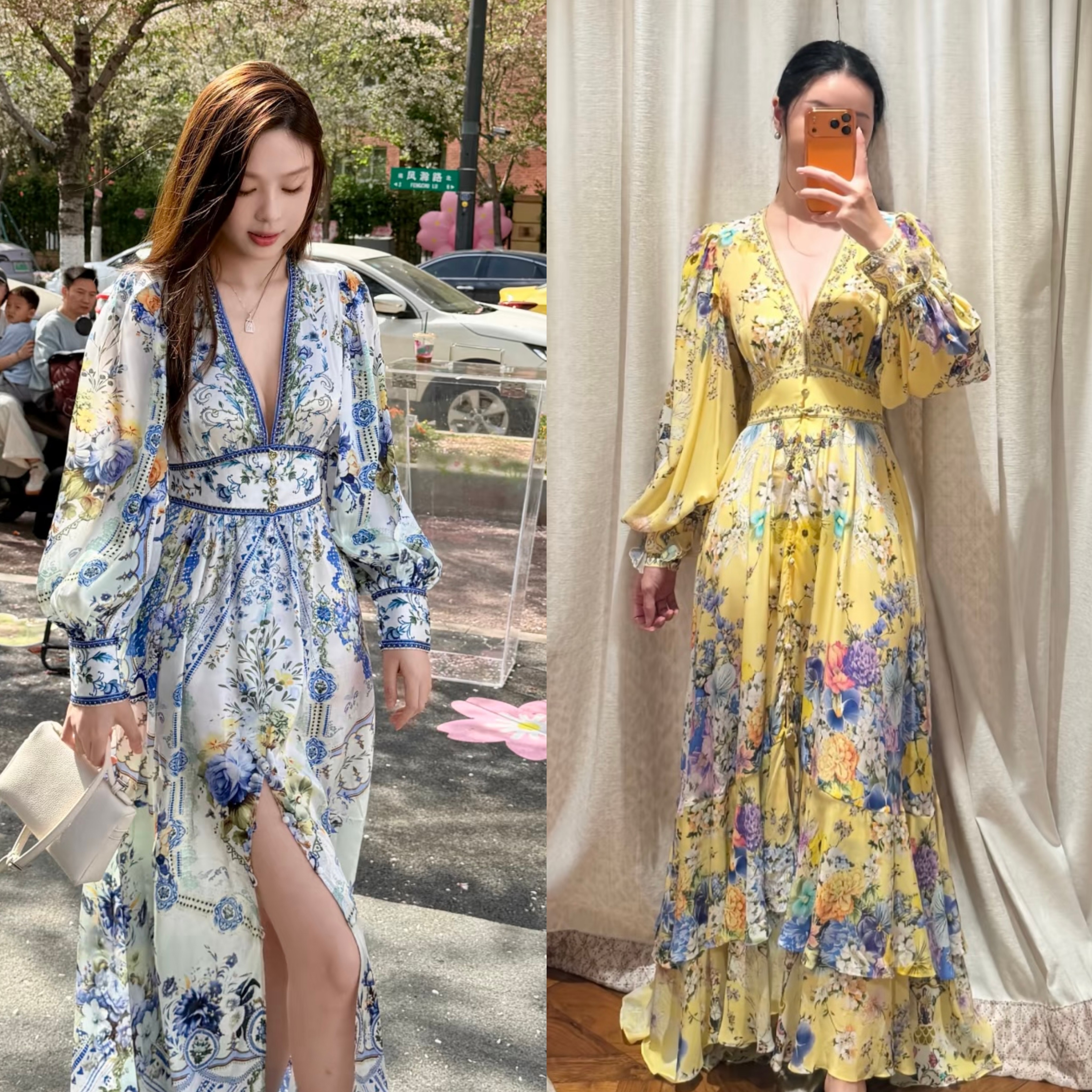澳洲Camilla卡米拉连衣裙浅蓝黄两色真丝印花度假镶钻仙女