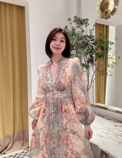 ID#857轻奢高质量时尚时装亚麻花卉花色修身大裙摆连衣裙@