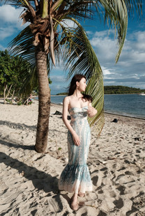 澳洲轻奢春夏薄款蓝色长款吊带连衣裙年会约会宴会晚礼服#744#3@