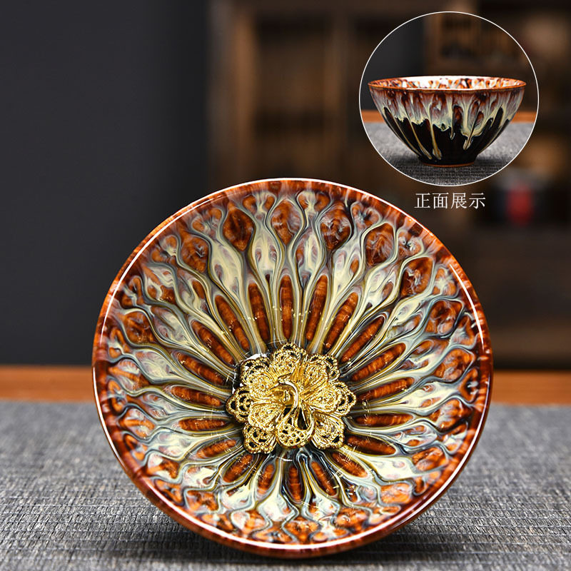 主人杯单杯陶瓷品茗杯建盏茶杯斗笠盏杯茶碗金银莲花