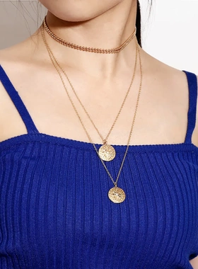 欧美饰品 复古时尚麻面id雕纹项饰品 简约多层长款吊坠项链