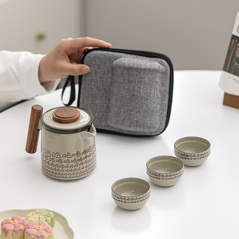 草木灰哈哈便携式茶具旅行套装快客杯一壶三杯随身户外泡茶可定制