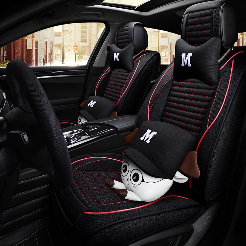 2019秋冬款四季通用汽车座套个性女时尚亚麻坐垫全包卡通布熊
