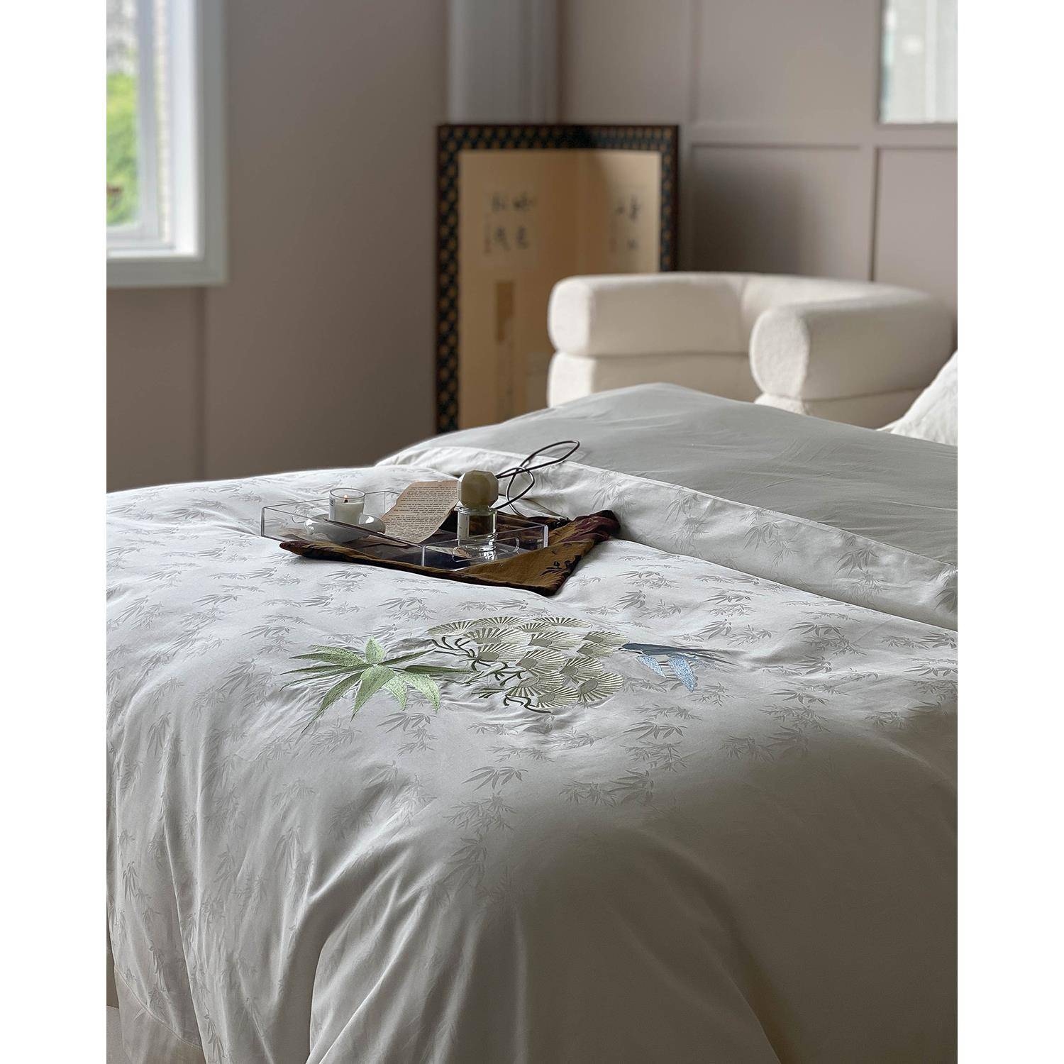 0J0新中式绣花竹子刺绣国风100支四件套长绒棉纯棉被套白色