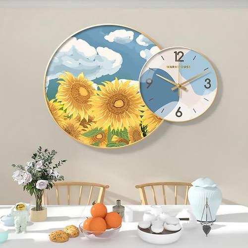 北欧风格餐厅装饰画唯美风景饭厅厨房挂画创意组合带钟表圆形壁画