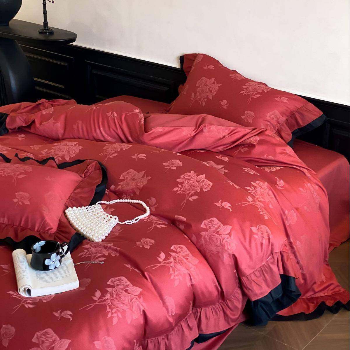 轻奢100S长绒棉贡缎提花床单四件套红色婚庆纯棉全棉被套床上用品