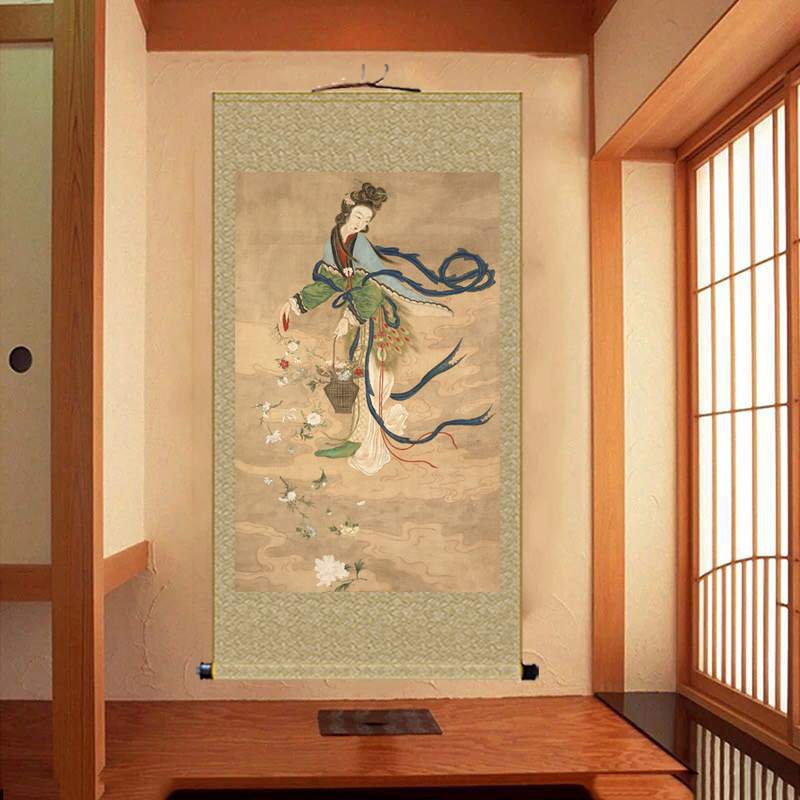古画天女散花图卧室壁画装饰画花仙子卷轴画挂画茶楼书房仕女国画