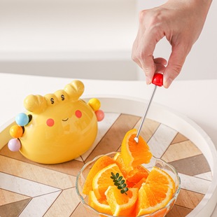 家用不锈钢甜品叉子高级感收纳罐果叉盒 创意财迷小螃蟹水果叉套装
