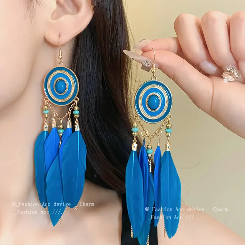 复古滴油羽毛流苏耳钩波西米亚几何长款耳环时尚民族风耳饰女