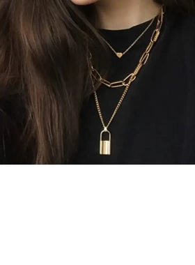 欧美饰品 复古链条桃心锁形吊坠项链女 创意几何时尚百搭项饰