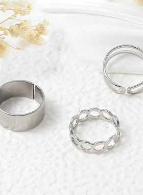 钛钢戒指三件套饰品 不掉色设计小众开口可调节 套装素圈指环