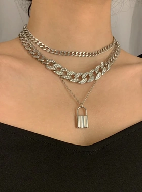 欧美饰品 朋克粗链条镶钻古巴链手饰 嘻哈个性锁形吊坠手链女