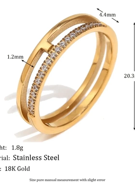 欧美时尚气质个性小众爆款手饰不锈钢镀18k金简约双层排钻戒指女