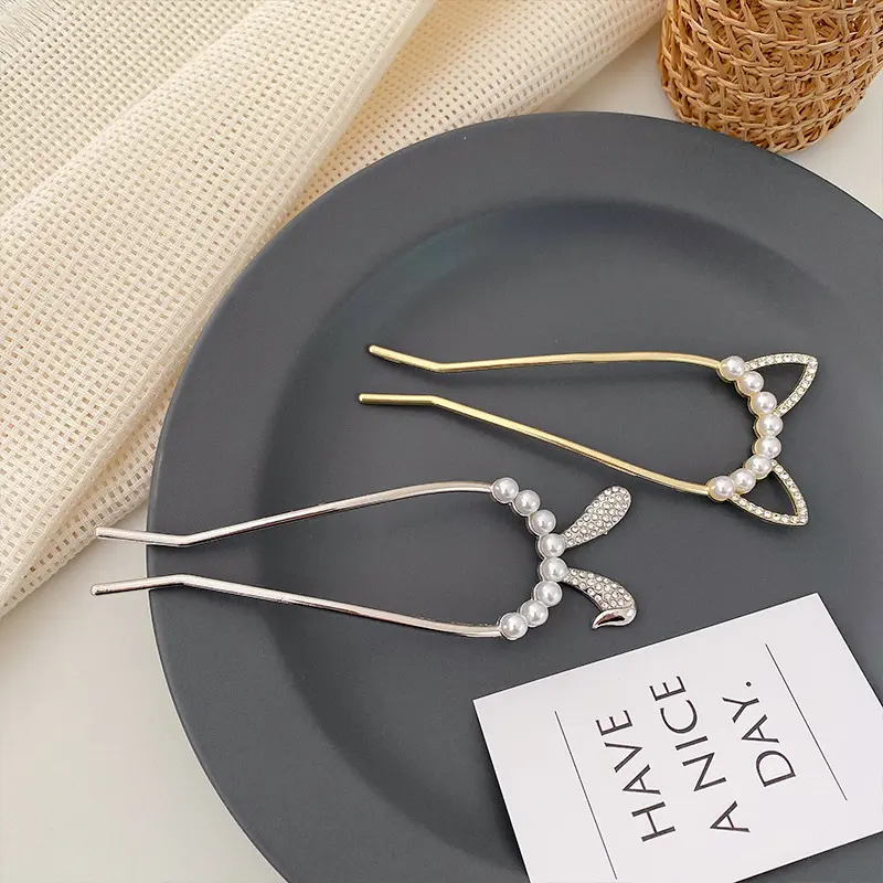 网红u形珍珠发簪韩版高级感简约丸子头盘发珍珠发钗簪子