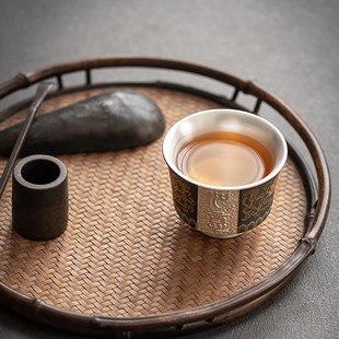 茶杯功夫茶具个人陶瓷小单杯 百福银杯高端主人杯鎏银男士
