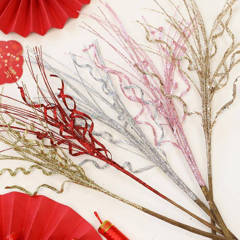 新年圣诞节日亮片金粉插枝圣诞树福桶装饰居家客厅玻璃瓶插枝摆件