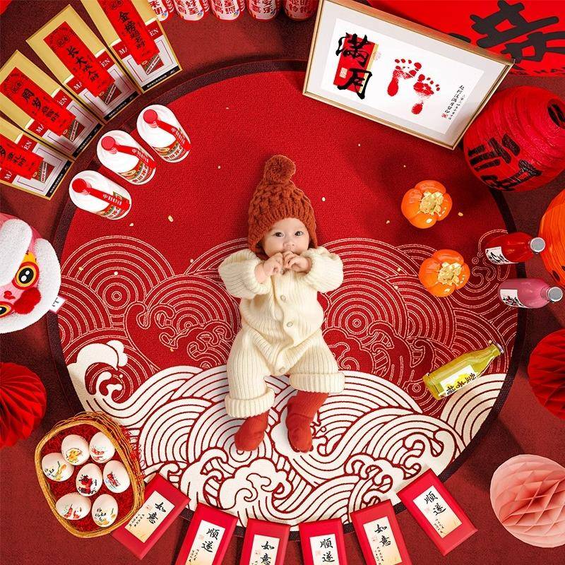 满月布置拍照道具用品宝宝百天仪式背景墙装饰中式婴儿百日宴地毯