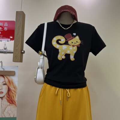 【12526】韩系正肩圆领短袖t恤女穿搭设计感卡通印花半袖上衣潮