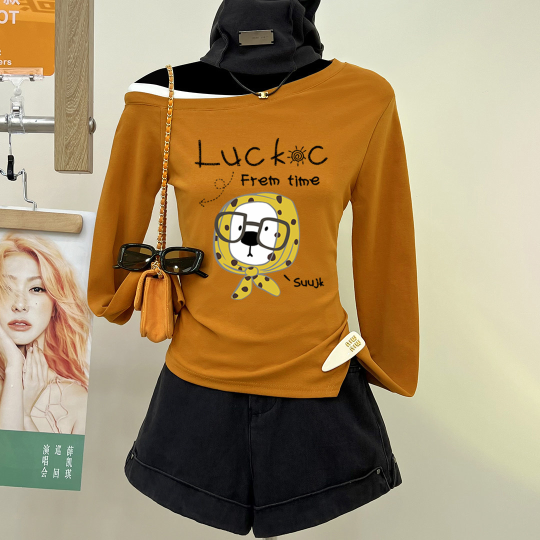 最新款打底衫女宽松时尚秋冬洋气内搭卡通印花长袖t恤2025款上衣