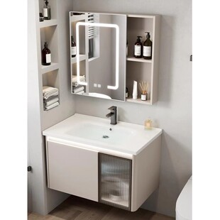 奶油风太空铝浴室柜组合卫生间陶瓷洗手盆家用加深岩板洗脸洗漱池