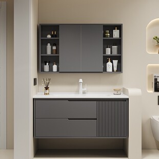 橡胶木75/83/96/105厘米定制陶瓷一体盆智能隐藏风水镜浴室柜组合