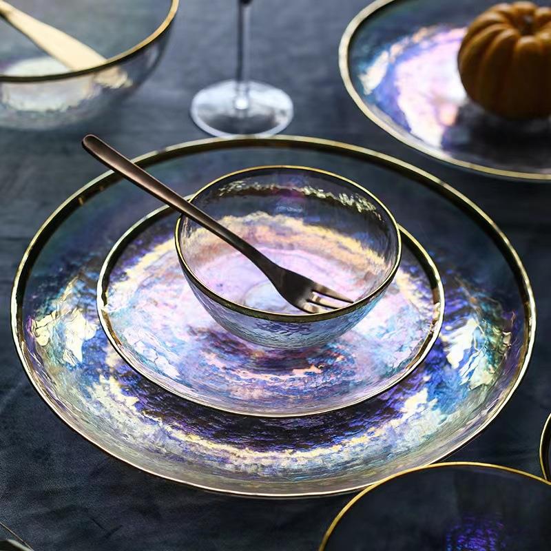 金边玻璃碗沙拉碗家用透明菜盘彩色餐盘圆形水果盘子西餐餐具套装