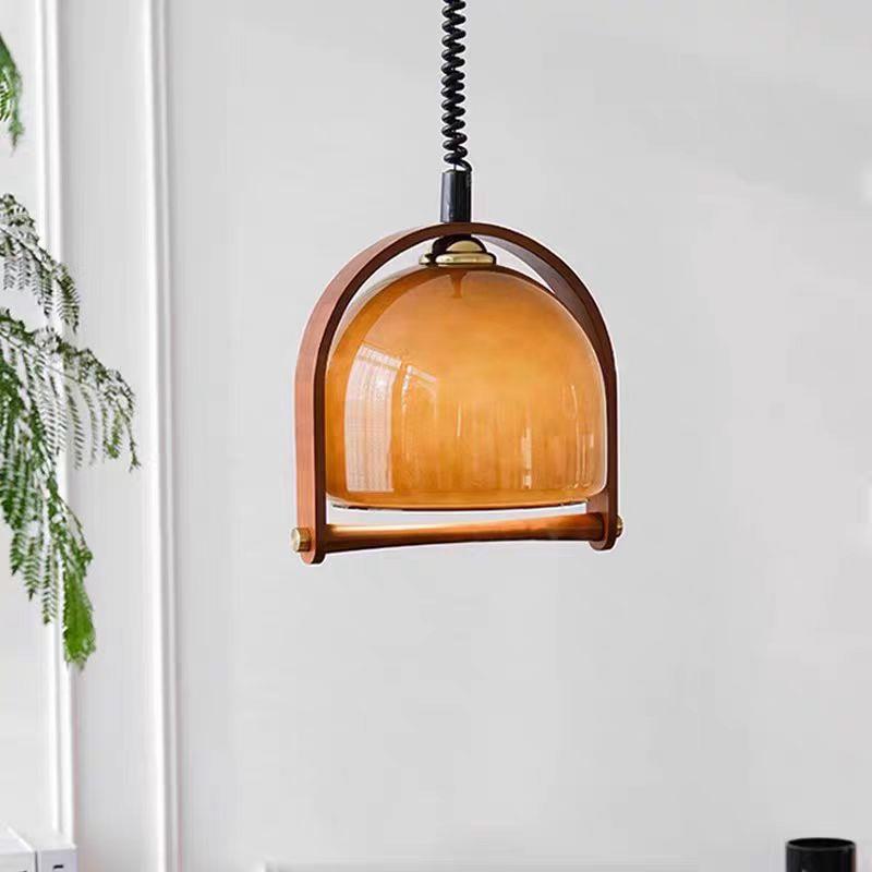 侘寂风中古玻璃伸缩吊灯日式实木复古餐厅吧台设计师氛围中山灯具