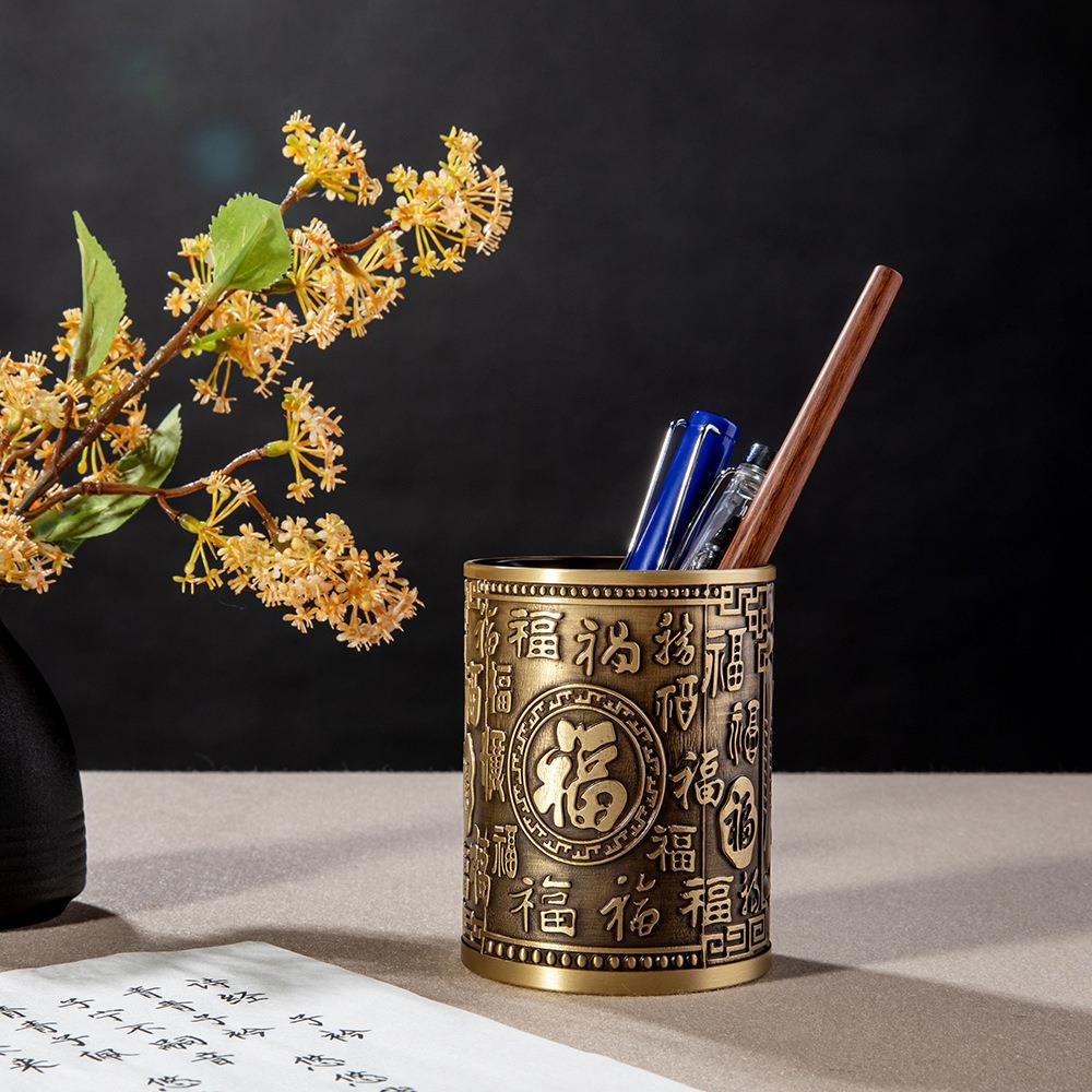 纯黄铜装饰家用客厅百福笔筒送礼福气满满桌面摆件义乌小商品
