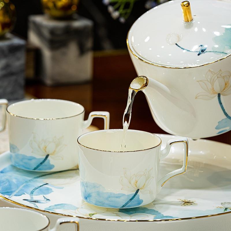 高档陶瓷水具套装家用礼品新中式骨瓷水杯水壶茶盘组合送礼