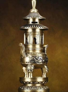 宏达 全黄铜二龙戏珠三层塔炉佛像供奉熏香炉大型铜炉摆件