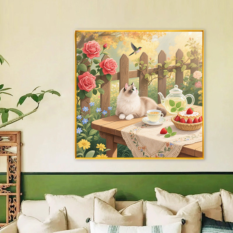 田园风猫咪玫瑰花茶满绣十字绣小件玄关2026新款自己手工DIY全绣,居家布艺,十字绣套件,淘宝优惠券,粉丝福利购,淘宝优惠卷