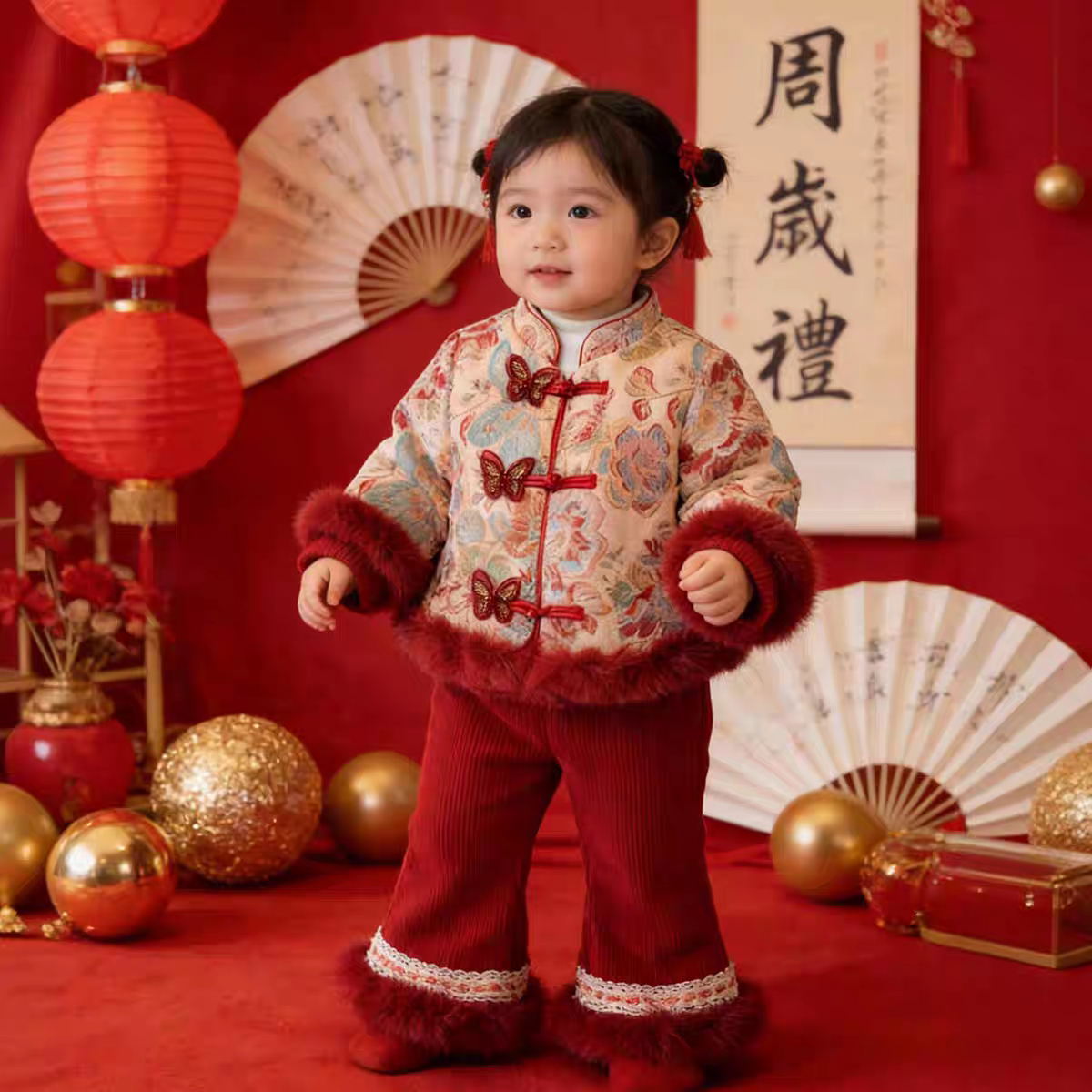 女童新中式唐装套装冬季加绒加厚拜年服洋气中国风女宝宝周岁宴服