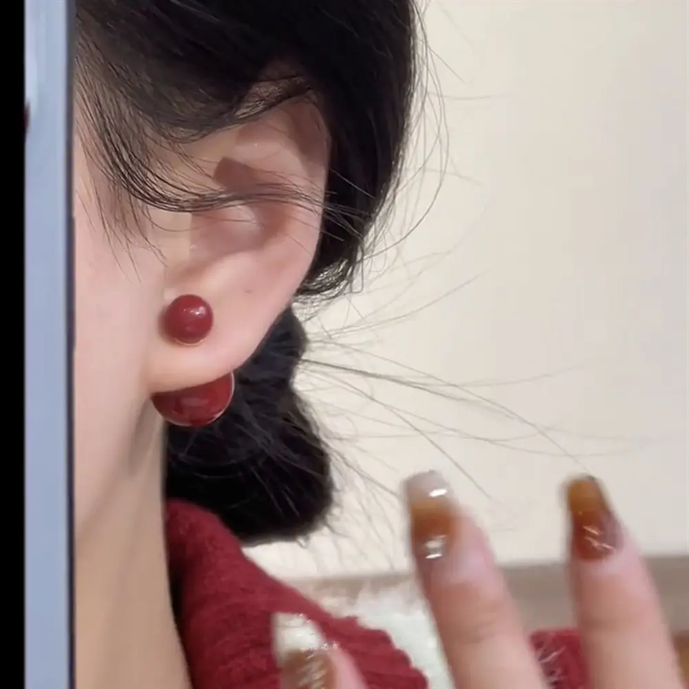 双面大小珍珠耳钉女前后戴气质耳饰小众设计感高级轻奢红色耳环d